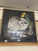 Contemporary needlework and gauze picture of a racoon, framed and glazed