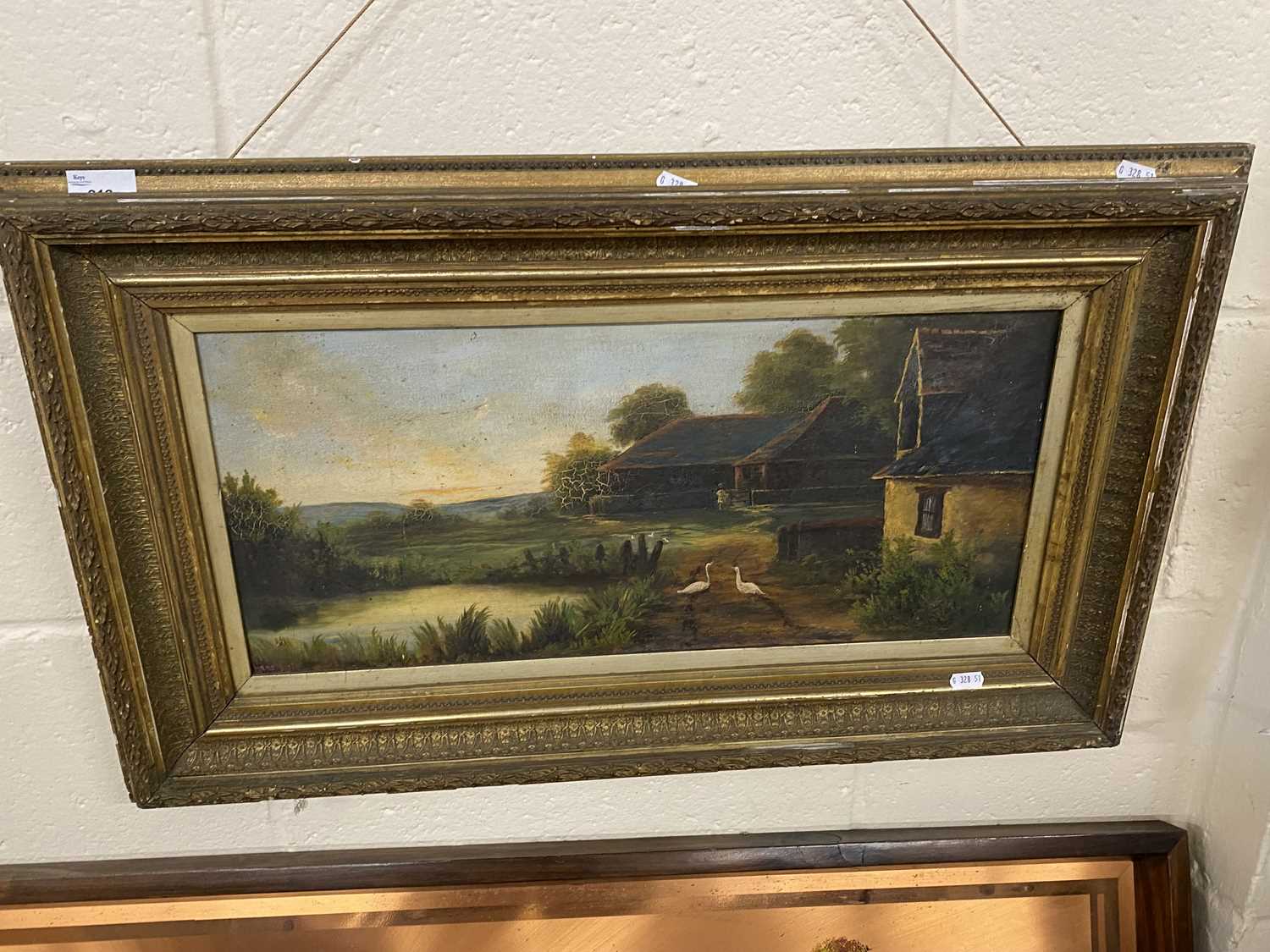 Late 19th or early 20th Century school study of a rural scene with geese, oil on canvas, gilt