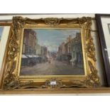 P Bradshaw, study of a Victorian street scene, oil on board, gilt framed and dated 1980