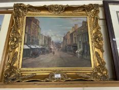 P Bradshaw, study of a Victorian street scene, oil on board, gilt framed and dated 1980