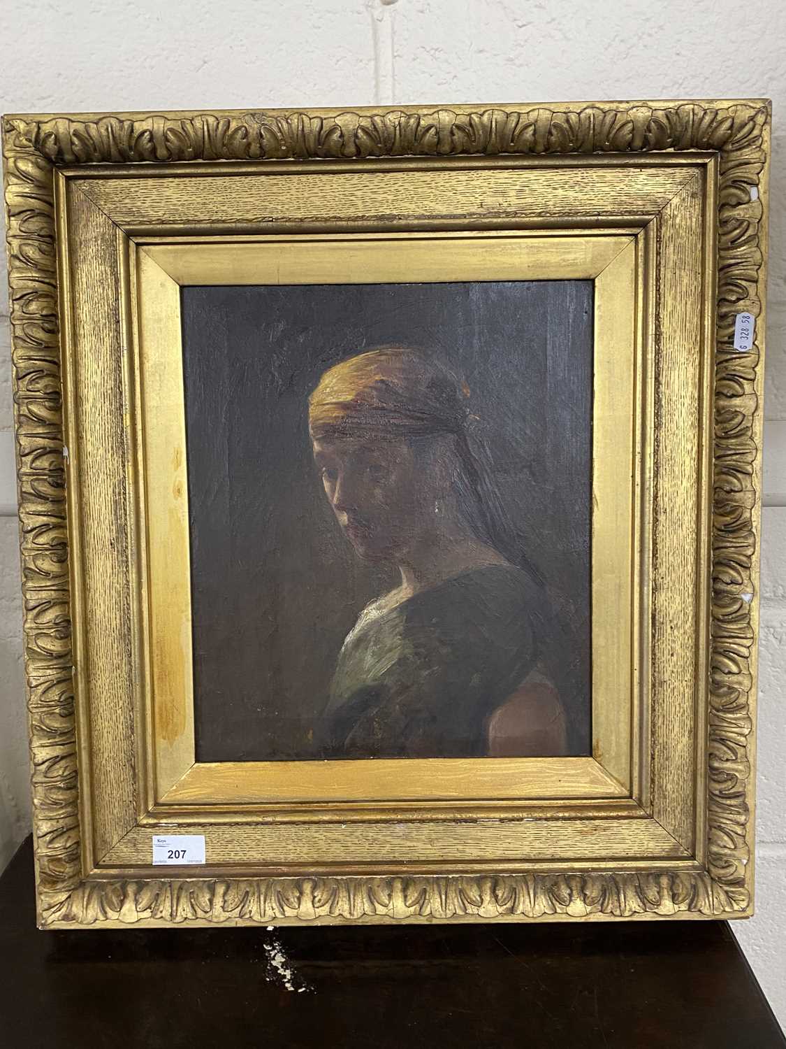 19th Century school portrait of a young lady in headscarf, oil on canvas, gilt framed, apparently