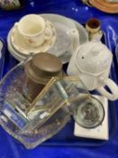 A tray of various mixed ceramics and glass wares to include Bunnykins wares