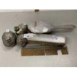Mixed Lot: Silver backed dressing table brush and comb set together with a condiment set formed as