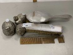 Mixed Lot: Silver backed dressing table brush and comb set together with a condiment set formed as