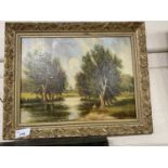 Robert Mallett, Willows Back River, Wensum (Norwich), oil on canvas, gilt framed