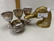 Mixed Lot: Silver plated egg cups, brass ducks head bottle opener etc