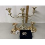 Mixed Lot: Silver plated candlesticks, contemporary Welsh brooch and earrings