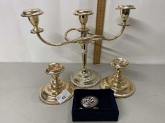 Mixed Lot: Silver plated candlesticks, contemporary Welsh brooch and earrings
