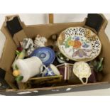 Box of various assorted small ceramics to include various ornaments, hand painted ribbon edge bowls,