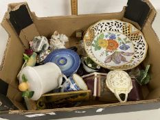 Box of various assorted small ceramics to include various ornaments, hand painted ribbon edge bowls,