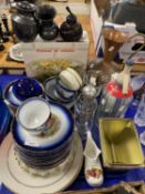 Tray of various decorated tea wares, soda syphon, copper jug, Prinknash pottery items etc