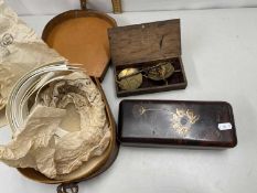 Mixed Lot: Leather collar box, a travelling set of beam scales and a further Oriental lacquered box