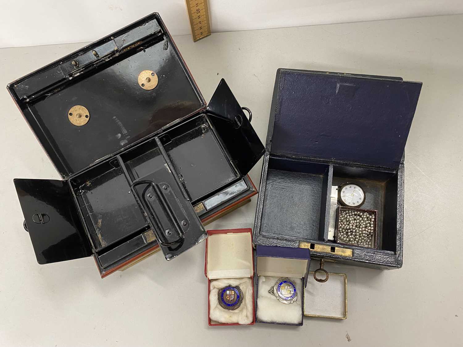 Mixed Lot: Leather mounted jewellery box containing various sports fobs, a ladies wristwatch, - Image 2 of 2