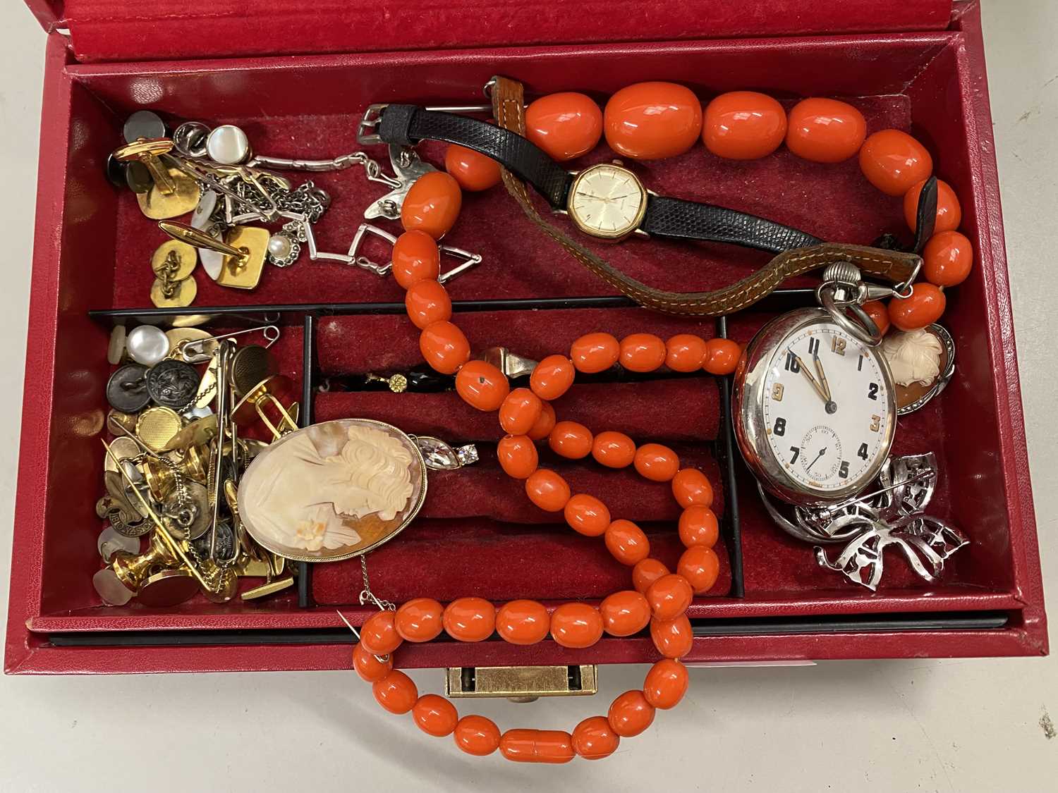 Red jewellery box containing various costume jewellery, pocket watch, wristwatch etc - Image 2 of 2