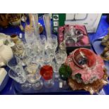 Tray of various assorted drinking glasses, Carnival glass dish and other items