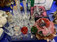 Tray of various assorted drinking glasses, Carnival glass dish and other items