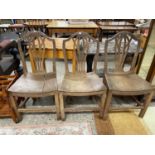 Set of three 19th Century Elm country Chippendale hard seated dining chairs