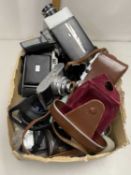 Box of various assorted cameras and accessories to include a Halina Super 8, a CMF 35mm, a Zeiss