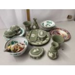 Mixed Lot: Various Wedgwood Jasper ware trinket boxes, vases, plate etc, assorted tea wares etc