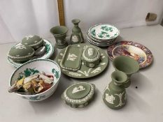 Mixed Lot: Various Wedgwood Jasper ware trinket boxes, vases, plate etc, assorted tea wares etc