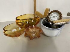 Mixed Lot: A pair of amber Art Glass vases, a Carnival glass dish, various dressing table items,