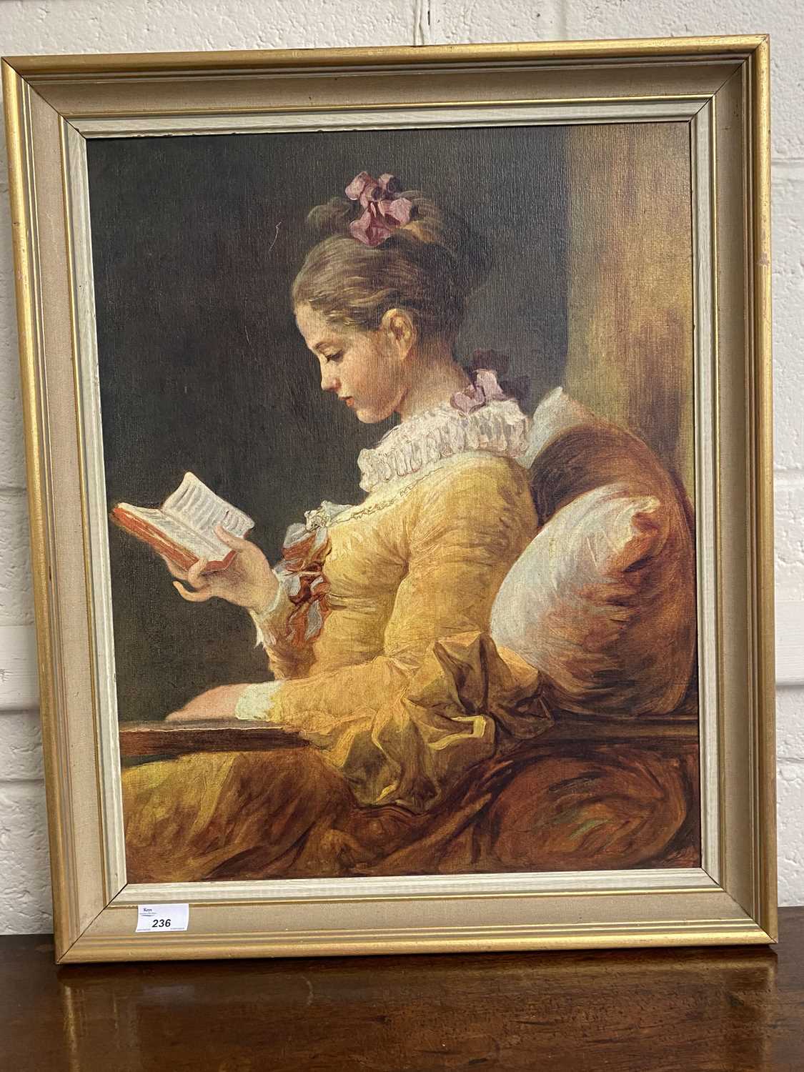 After Fragonard, young girl reading, coloured print, framed