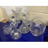 Collection of various assorted decanters, glass vases, table basket etc
