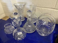 Collection of various assorted decanters, glass vases, table basket etc