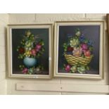 Pair of contemporary oil still life studies of vases of flowers