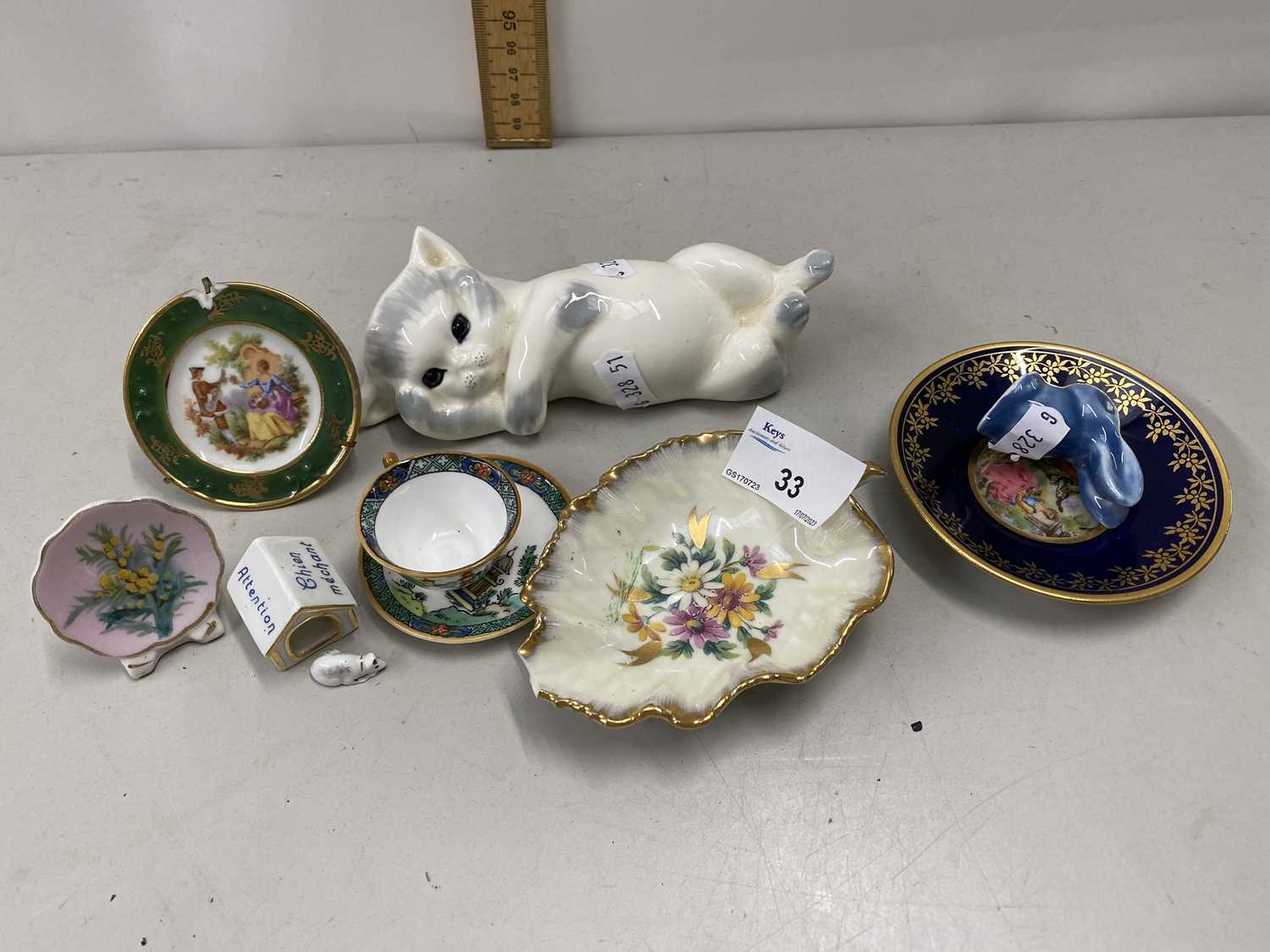 Collection of various miniature porcelain items, model cat, small Sylvac type rabbit etc