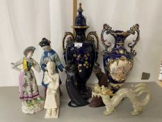 Mixed Lot: Various figurines, double handled vases etc