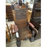 Late 19th Century oak gothic style throne chair with carved back, 140cm high