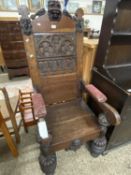 Late 19th Century oak gothic style throne chair with carved back, 140cm high