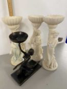 Mixed Lot: Three cream resin small figural pedestals together with a further bronze effect figural