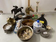 Mixed Lot: Various silver plated wares, a brass horses head, a bronzed resin model of horse and