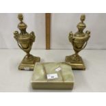 Mixed Lot: Pair of brass continental garniture vases or candlesticks with rams head decoration