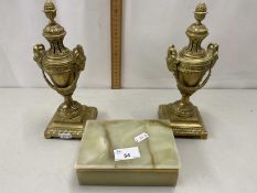 Mixed Lot: Pair of brass continental garniture vases or candlesticks with rams head decoration