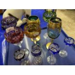 Tray containing mid 20th Century Bohemian hock and spirit glasses with coloured bowls and further