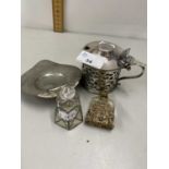 Silver plated mustard pot together with a further metal mounted scent bottle and other items