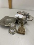 Silver plated mustard pot together with a further metal mounted scent bottle and other items