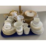 Tray of various mixed tea wares to include Royal Stafford, Wedgwood coffee wares etc