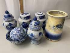 Mixed Lot: Modern blue and white covered jars and other assorted items