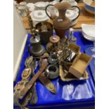 Mixed Lot: Various horse brasses, assorted copper and brass wares, cruet stand, crucifix , a