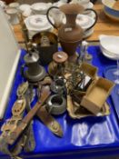 Mixed Lot: Various horse brasses, assorted copper and brass wares, cruet stand, crucifix , a