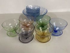 Mixed Lot: Various glass sundae dishes, blue pressed glass bowls etc