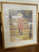 Coloured print, child on a fence