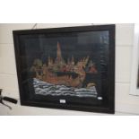Fabric picture of a dragon boat at sea, framed and glazed