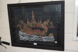 Fabric picture of a dragon boat at sea, framed and glazed