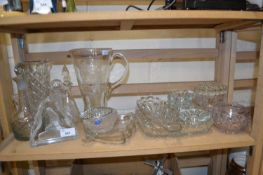 Quantity of assorted glass ware to include rose bowl, jugs, vases, glass figure of a lady etc