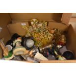 Mixed box of assorted items to include miniature trophy cups, thermometers, metal wares and other